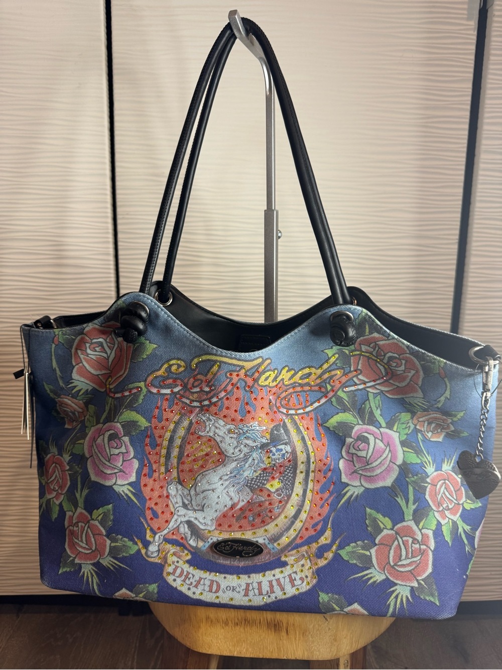 Ed Hardy Blue Floral 'Dead or Alive' Shoulder Tote with Pink Roses